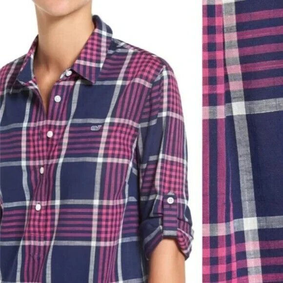 VINEYARD VINES $88 Harbor Plaid Relaxed Popover Tunic Shirt Roll Tab Sleeve 6 - Picture 3 of 6